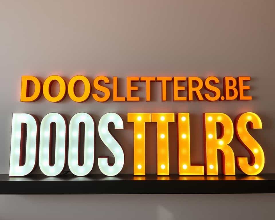 A vibrant assortment of illuminated LED letters, crafted with precision and attention to detail. Warm, soft lighting cascades across the sleek, modern designs, creating a captivating display. The letters, bearing the brand name "DOOSLETTERS.BE", stand out against a clean, minimalist background, showcasing the quality and innovation of this leading wholesaler in the world of illuminated signage. The scene exudes a sense of sophistication and allure, perfectly complementing the section on the "Ons Uitgebreide Assortiment Verlichte LED Letters" in the article.