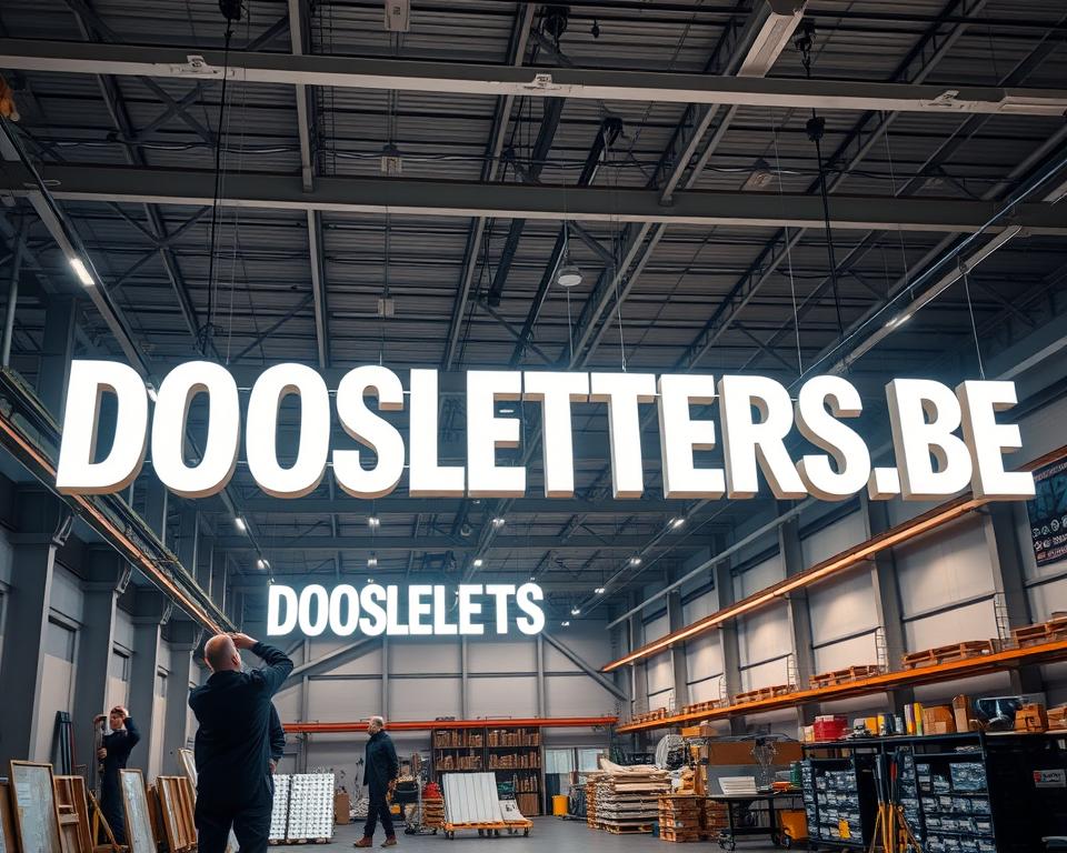 A well-lit, modern warehouse interior with large, illuminated letters of the brand name "DOOSLETTERS.BE" suspended from the ceiling, casting a soft, warm glow across the scene. In the foreground, a team of skilled technicians carefully installs and aligns the letters, leveraging specialized equipment and meticulous attention to detail. The middle ground showcases an array of partially assembled letter components, while the background reveals an organized workspace filled with various lighting supplies and tools. The overall atmosphere conveys a sense of precision, efficiency, and a commitment to delivering the "Verlicht letters goedkoopste" experience to customers across the Netherlands.