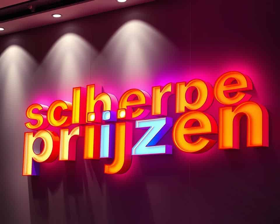Captivating illuminated letters in vibrant colors, boldly showcasing "scherpe prijzen" against a sleek, modern backdrop. A well-lit, studio-quality scene with dramatic shadows and highlights, emphasizing the premium quality of the DOOSLETTERS.BE brand's backlit signage. The letters appear to float effortlessly, their intricate details and clean lines drawing the viewer's attention. A sophisticated, high-end visual that exudes professionalism and conveys the message of affordable, premium-grade illuminated lettering.