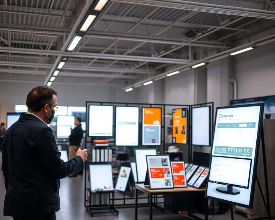 A modern, well-lit showroom showcases an array of DOOSLETTERS.BE light advertising boards. In the foreground, a customer examines a sleek, minimalist board, its LED lights casting a warm glow. The middle ground features a display of various board sizes and designs, while the background depicts the efficient order processing workflow, with a computer screen displaying the order status. The overall scene conveys a sense of professionalism, attention to detail, and a commitment to providing the best products and services to customers in Belgium and the Netherlands.
