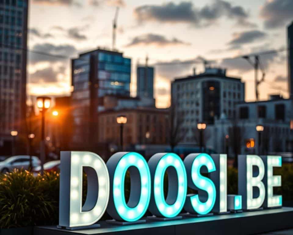 A vibrant and eye-catching outdoor light display for DOOSLETTERS.BE, showcasing a range of luminous three-dimensional letters and shapes in the foreground against a backdrop of a modern urban cityscape. The illuminated sign commands attention, its warm glow creating an inviting atmosphere that draws the viewer's focus. The composition features a dynamic interplay of light and shadow, with the sign's elements casting striking silhouettes across the scene. The lighting is meticulously designed, creating a sense of depth and dimension that enhances the overall visual impact. The overall aesthetic is sleek, sophisticated, and tailored to appeal to Dutch businesses seeking high-quality, cost-effective lighting solutions.