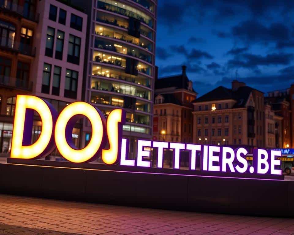 A vibrant outdoor advertisement for the brand "DOOSLETTERS.BE", showcasing eye-catching illuminated signage against a backdrop of a European cityscape. The foreground features a well-lit, three-dimensional logo and text, creating an impactful visual presence. The middle ground depicts a modern urban setting with a mix of architectural styles, while the background suggests a nighttime atmosphere with a softly lit sky and distant buildings. The overall composition conveys a sense of sophistication, innovation, and quality, reflecting the brand's expertise in outdoor lighting solutions beyond the borders of Belgium.