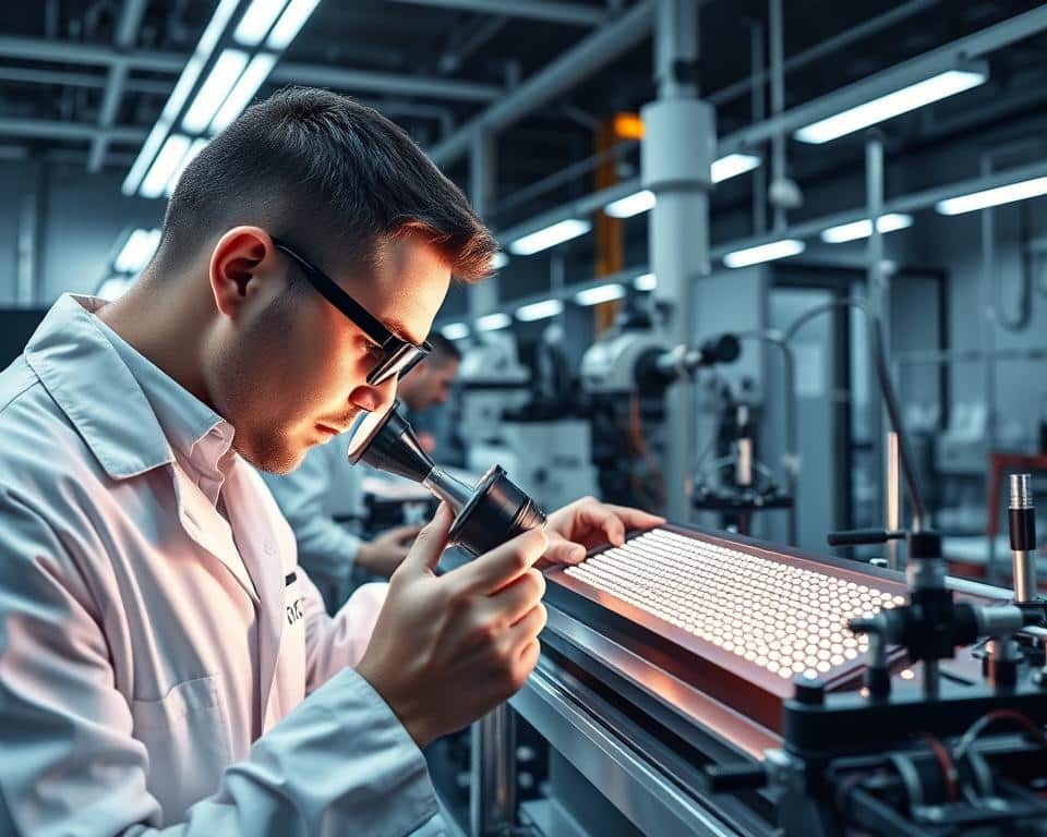 A well-lit, high-quality inspection station with precise instruments and meticulous workers carefully examining a LED signage component from the DOOSLETTERS.BE brand. The foreground features a technician in a clean white lab coat, using a magnifying glass to inspect the intricate details. In the middle ground, state-of-the-art testing equipment and calibration tools are visible, ensuring the strictest quality control standards. The background showcases the company's modern, well-equipped quality assurance facility, conveying a sense of professionalism and dedication to product excellence.