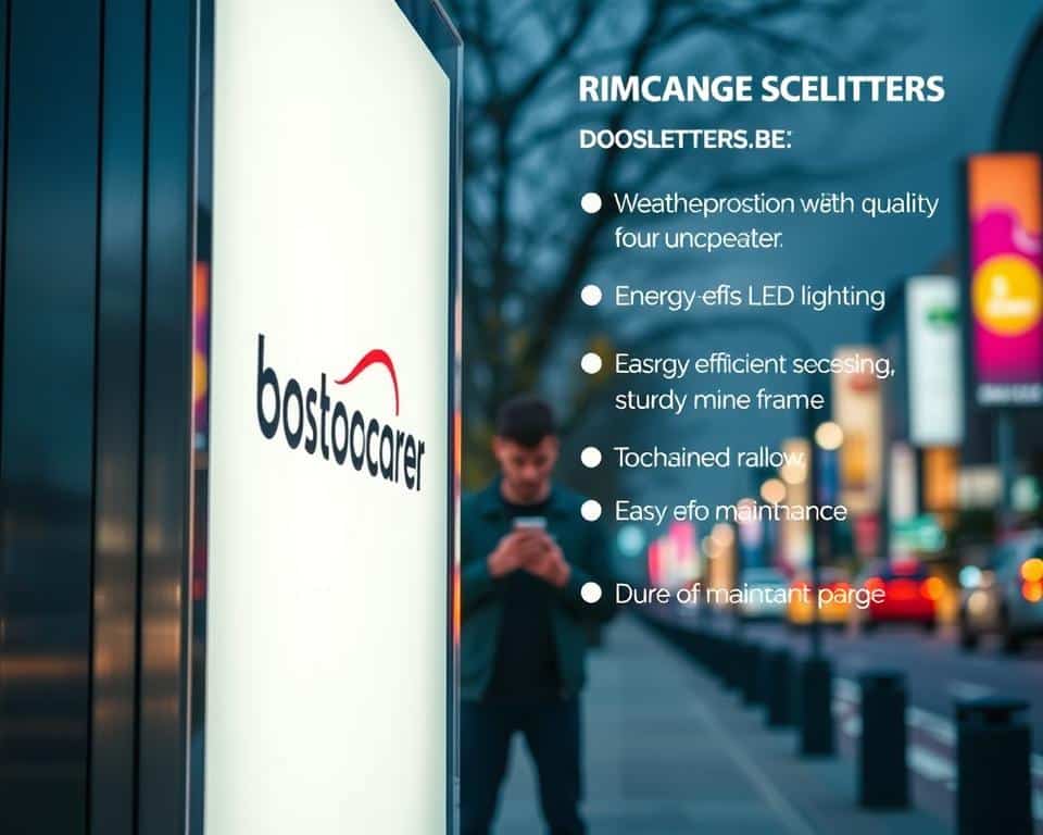 A well-lit, modern outdoor advertisement display showcasing the technical specifications and durability of DOOSLETTERS.BE's high-quality lightbox signage. The foreground features a sleek, backlit acrylic panel highlighting the brand name and key details like weatherproofing, energy-efficient LED lighting, and a sturdy aluminum frame. In the middle ground, a technician examines the display, demonstrating the ease of maintenance. The background depicts a vibrant urban landscape, emphasizing the visibility and impact of this durable, Belgian-made outdoor advertising solution.