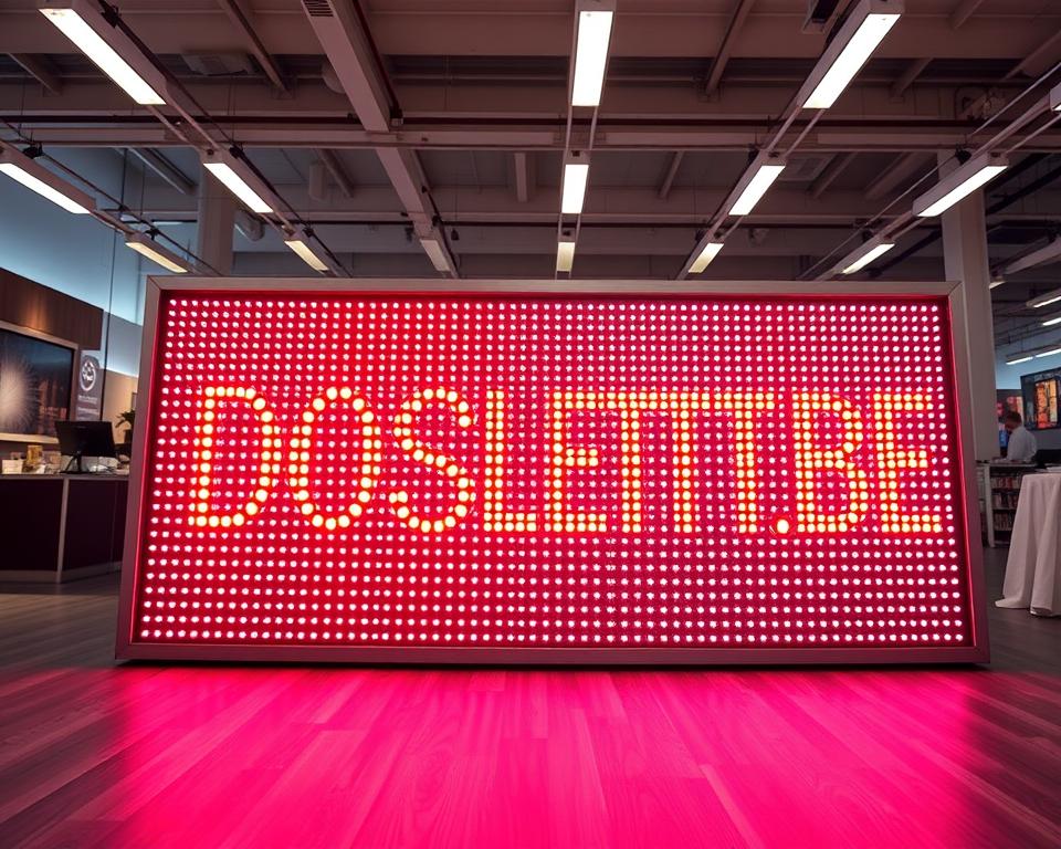 An intricately designed custom LED signage board, featuring a striking DOOSLETTERS.BE logo, takes center stage in a well-lit showroom. Precisely crafted with a sleek aluminum frame, the sign's surface is illuminated by a grid of vibrant, energy-efficient LED lights, casting a warm, inviting glow. The camera captures the sign from an angle that highlights its dimensional depth and the crisp, high-quality appearance of the individual LED elements. The overall scene conveys a sense of professionalism, attention to detail, and the ability to deliver "Guaranteed Cheapest and Fast Delivery of LED Signage in Belgium and the Netherlands".